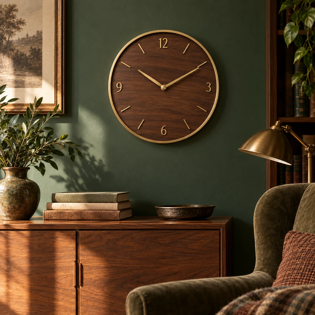 A walnut Refynment clock styled with books and warm natural materials